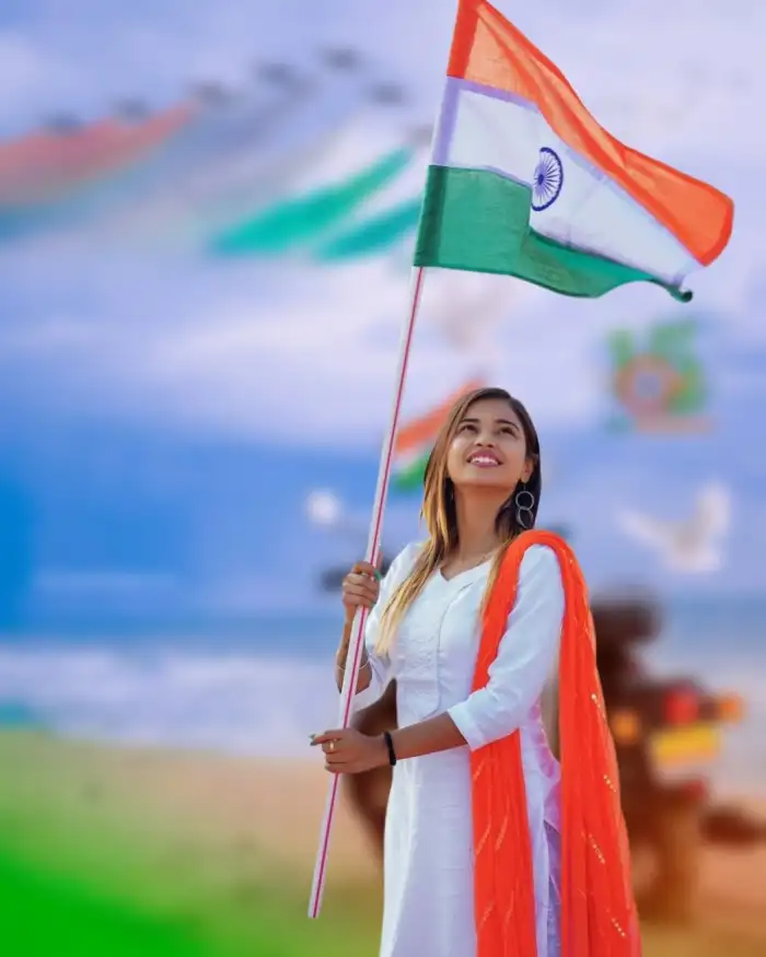 15 August With Girl Holding Indian Flag Editing Background HD Download