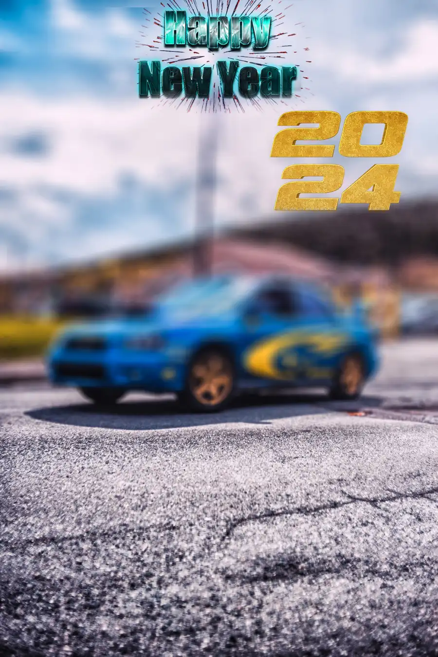 2024 Happy New Year Blue Car On A Road Background