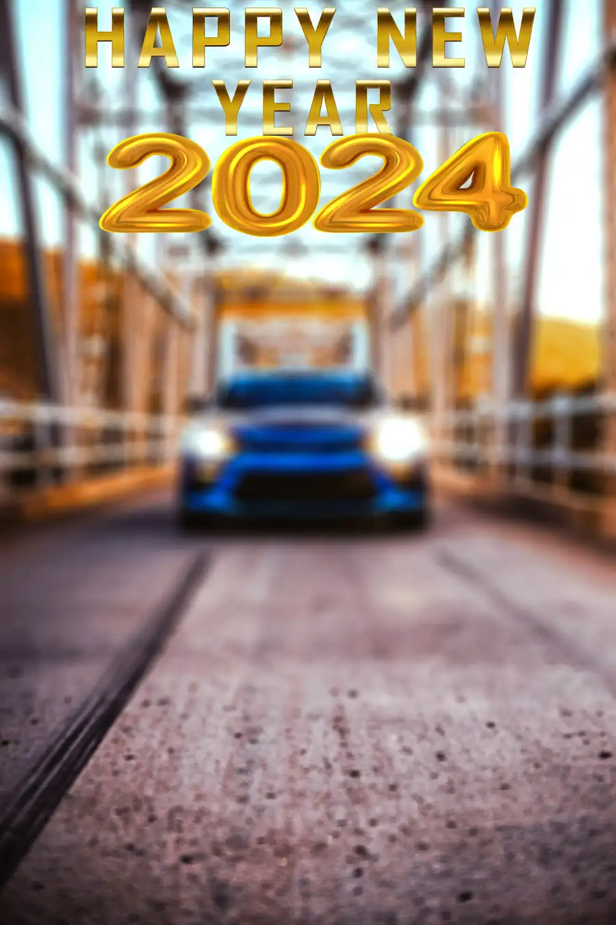 2024 Happy New Year Blue Car On A Road Photo Editing  Background