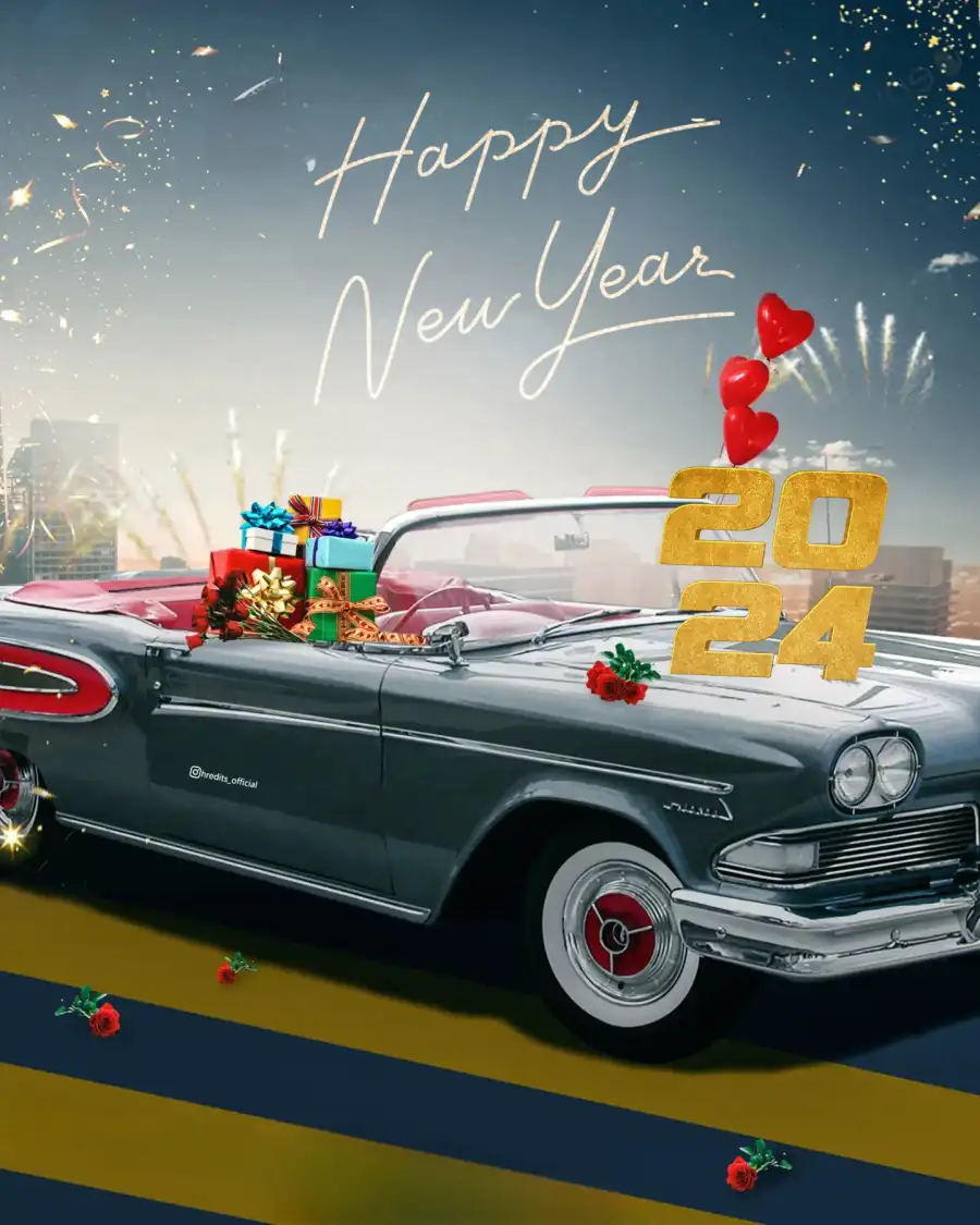 2024 Happy New Year Car On Road  Background