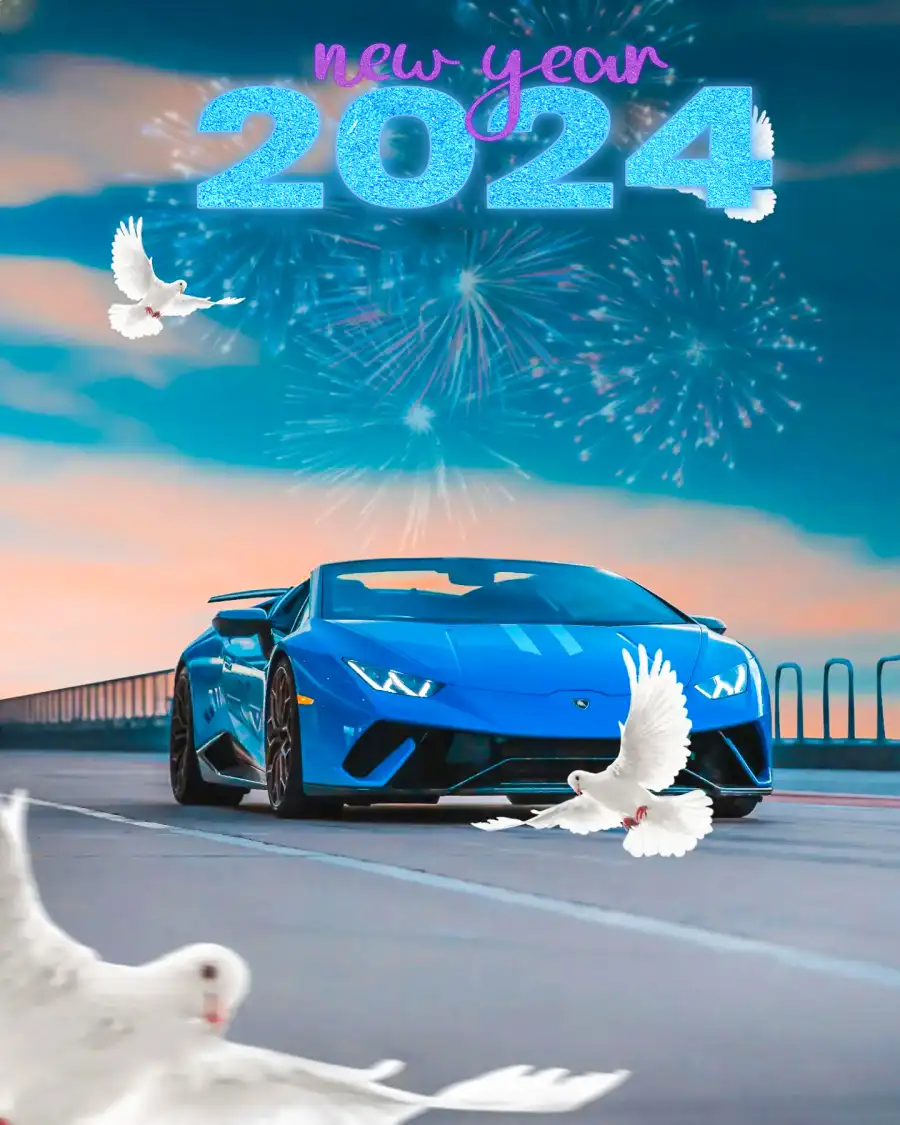 2024 Happy New Year Car With Bird Flying CB Background