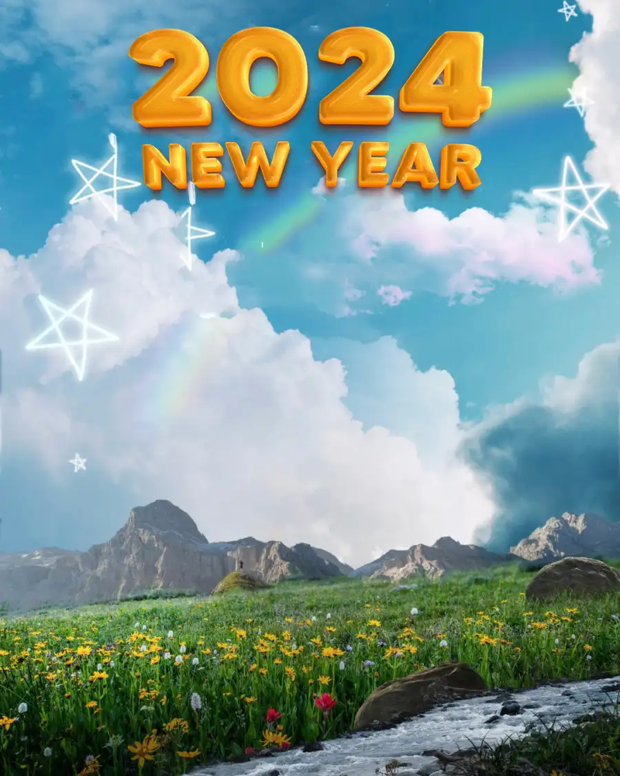 2024 Happy New Year Grassy Field With A Mountain In The Background For Picsart