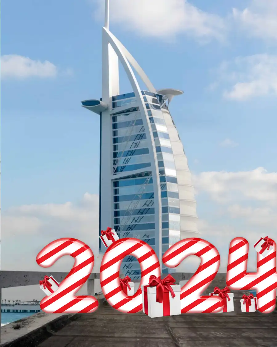 2024 Happy New Year Large Building With Burj Al Arab Background For Snapseed