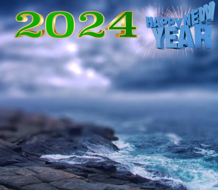 2024 Happy New Year Rocky Beach With A Body Of Water And A Cloudy Sky Background