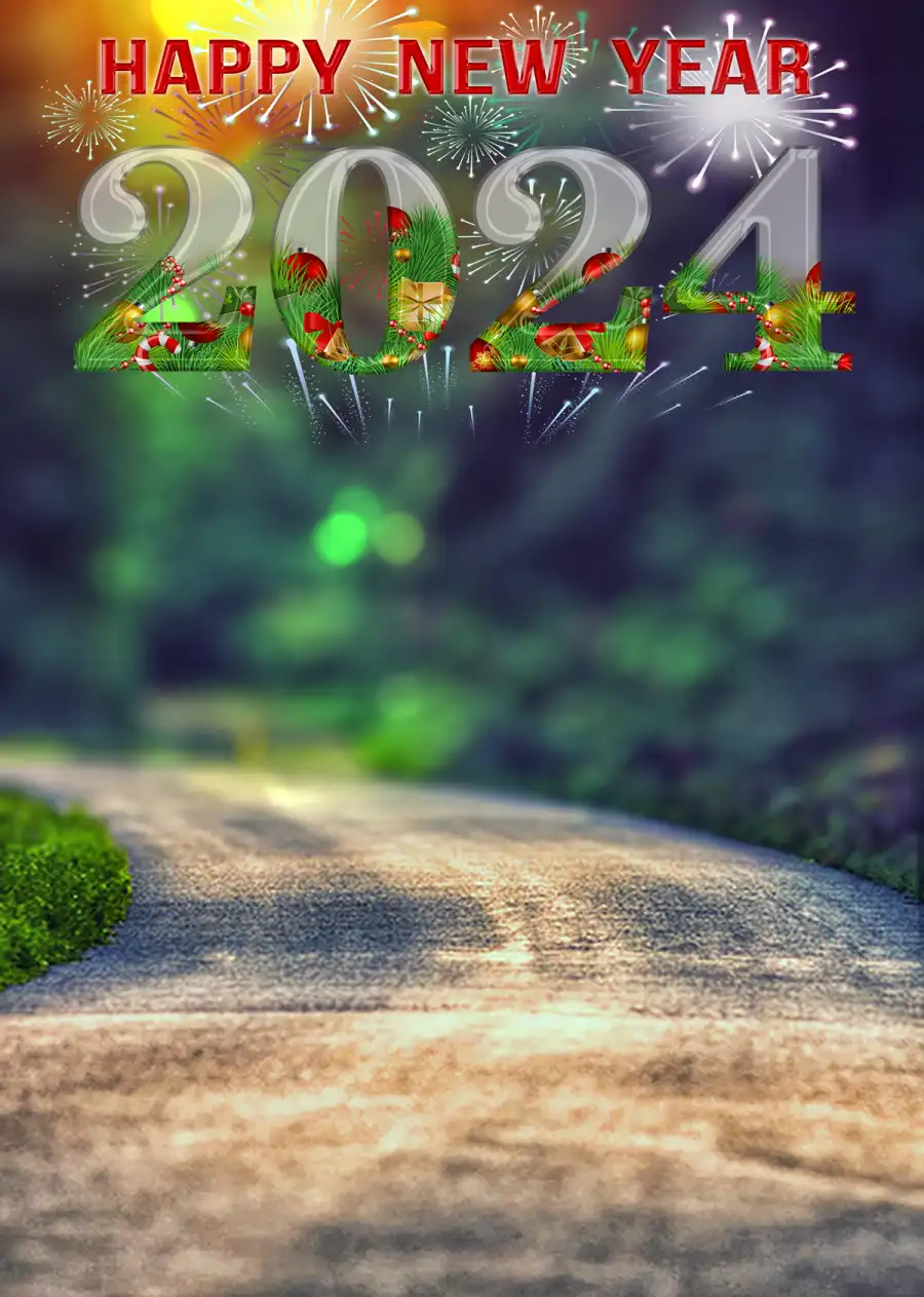 2024 Happy New Year Village Road With Trees On The Side Background