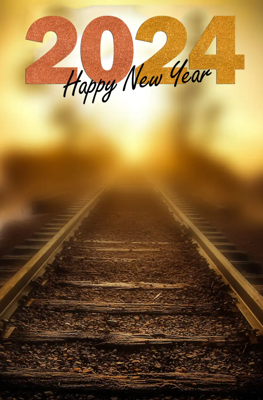 2024 Happy New Year Wooden Track With A Bright Light CB Background