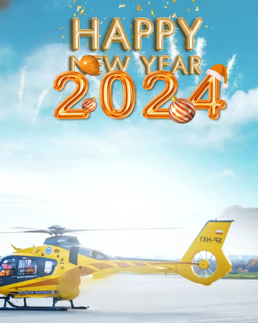 2024 Happy New Year Yellow Helicopter On A Runway Background