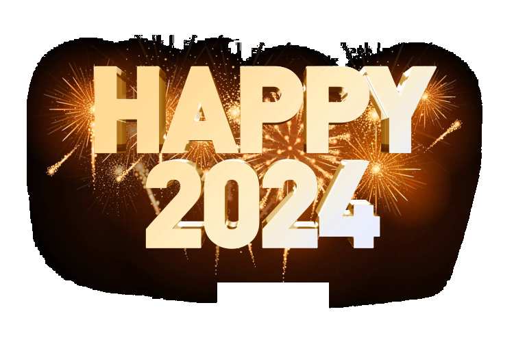 3D 2024 Happy New Year  Text Number With Gold Fireworks PNG