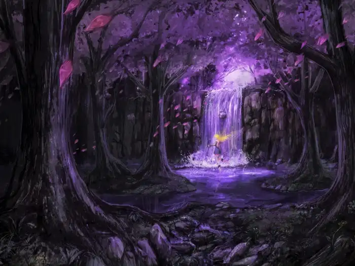 Abstract Forest  Group Of Trees With Purple Lights Background