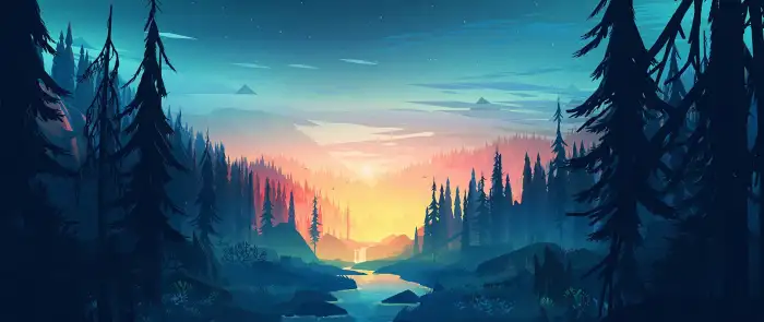 Abstract Forest Sunset Cartoon Of A Mountain Range Background