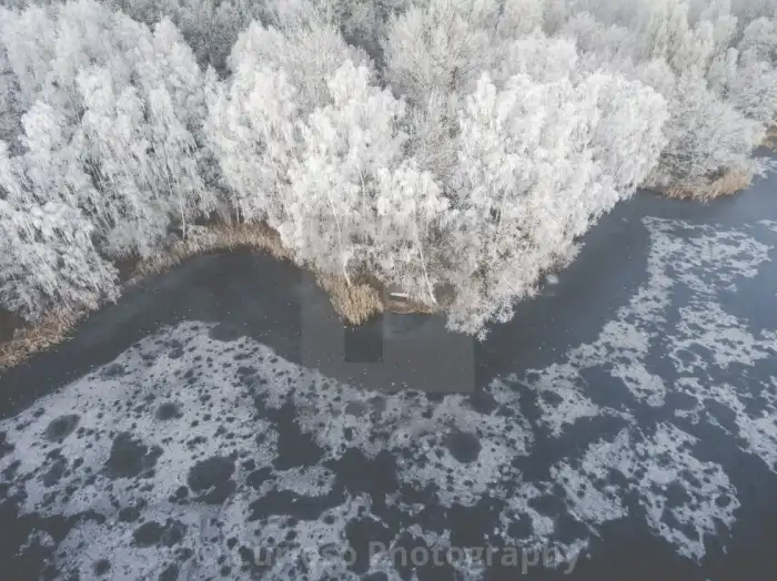 Aerial View Snow Covered Forest Lake Background