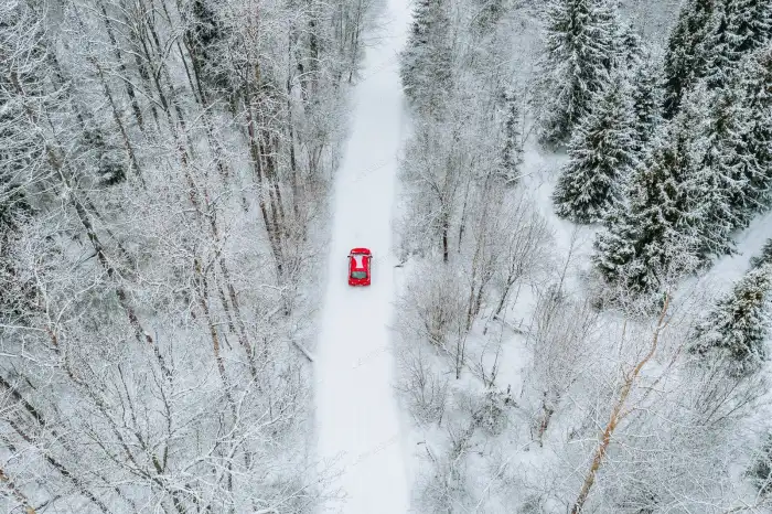 Aerial View Snow Covered Forest Road Car Background