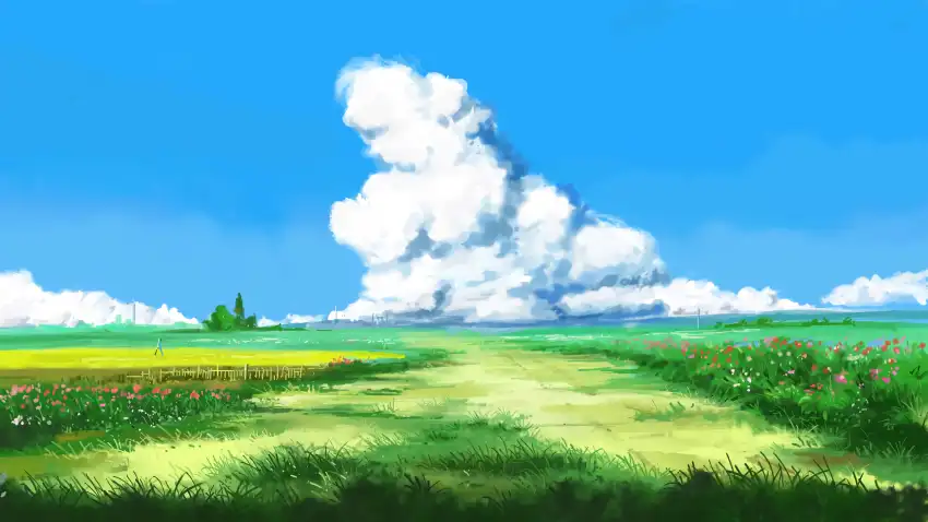 Anime Field With Sky Grass Background HD Download