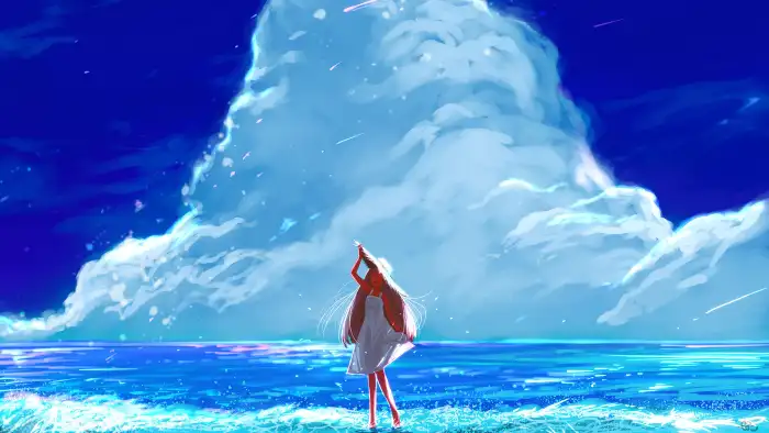 Beach Anime Blue Ocean Little Girl Background Free