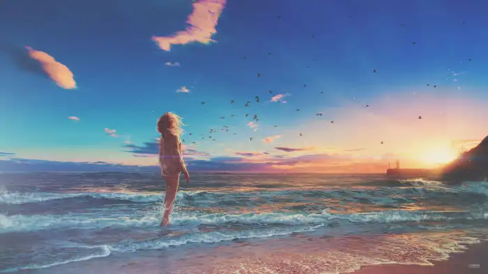 Beach Anime Gilr Standing Snad Free Background Free