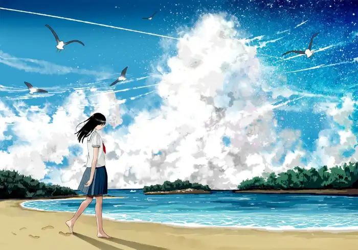 Beach Anime Girl Nature Sand Ocean Background Free