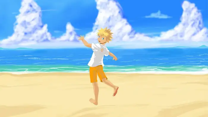 Beach Anime Little Boy Sand Ocean Background Free