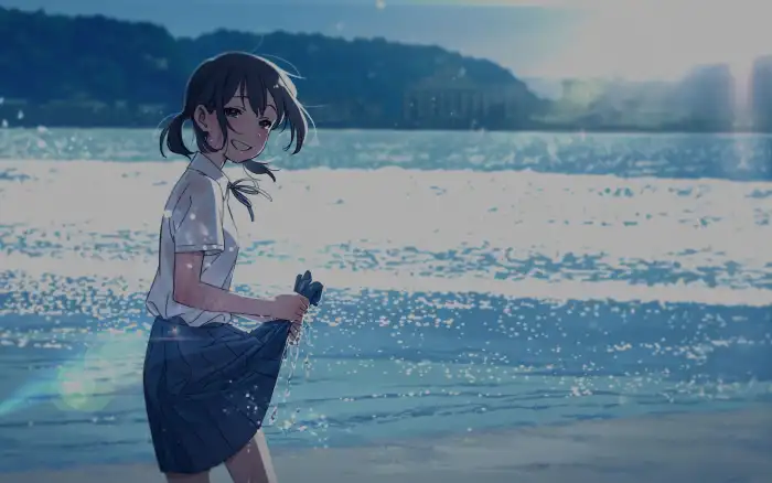 Beach Anime Little Girl Ocean Background Free