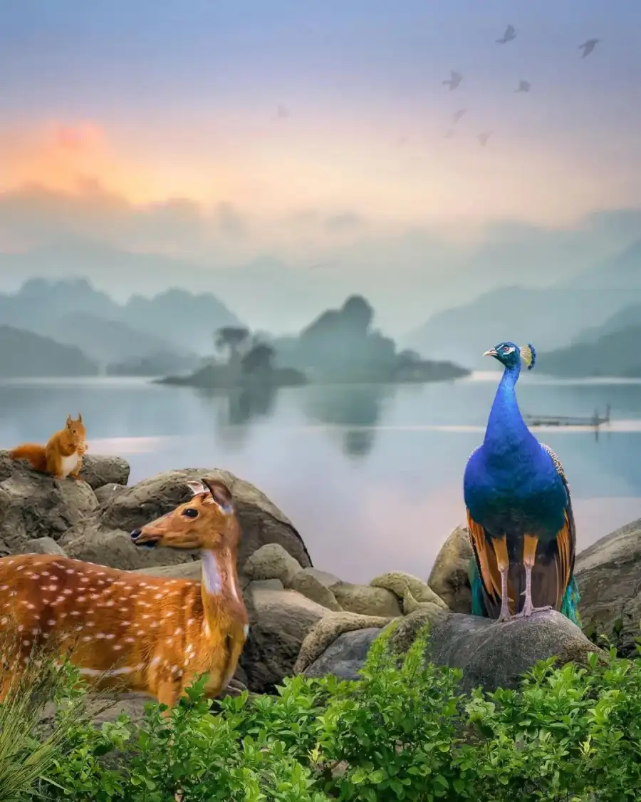 CB Bird And A Ducklings On A Rock By The Water Background