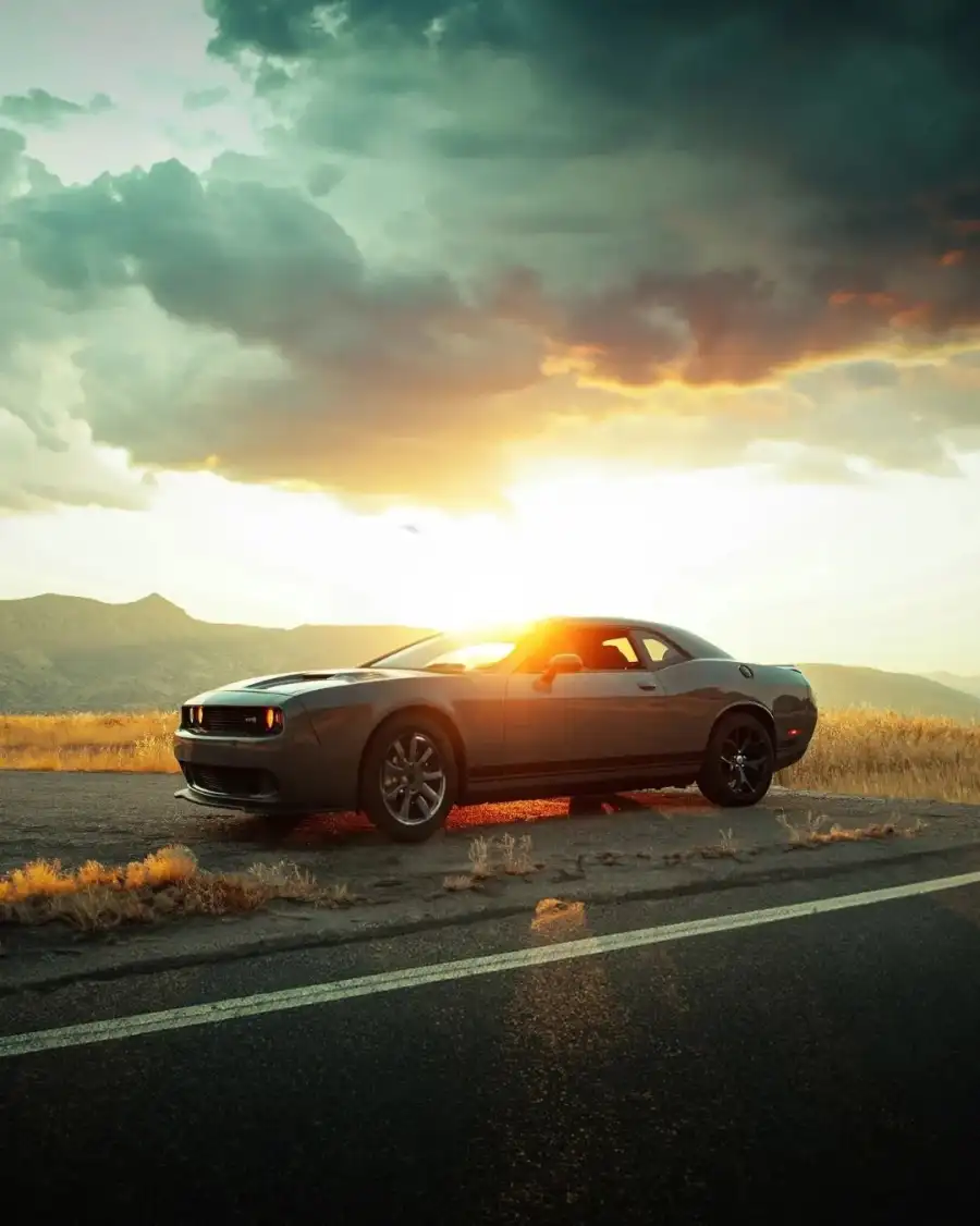 CB Car Parked On A Road  Sunset Sky Background