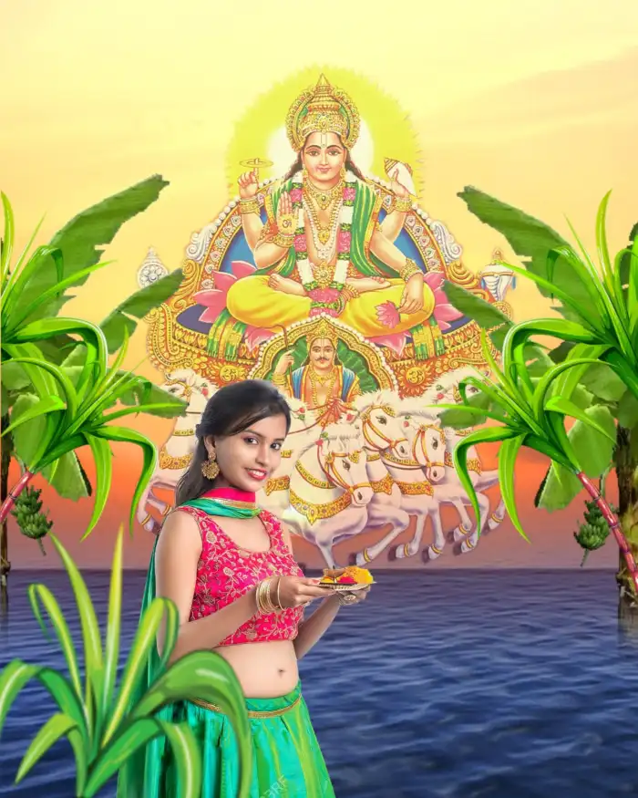 CB Chhath Puja With Girl Banana Tree Water Background