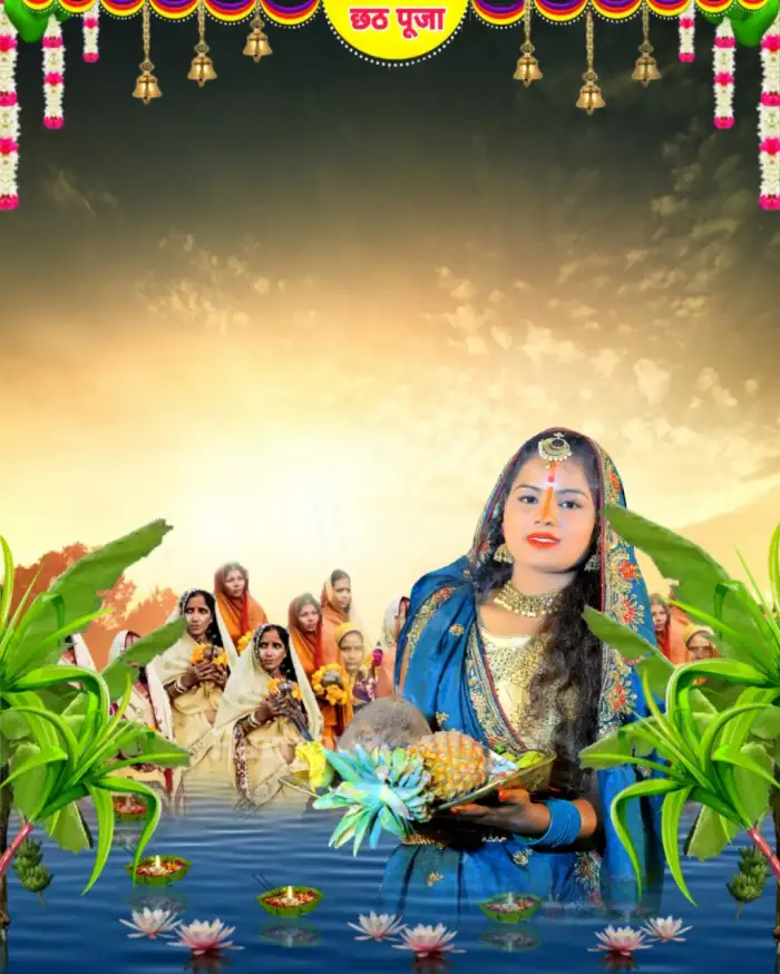 CB Chhath Puja With Girl Banana Tree Water Background