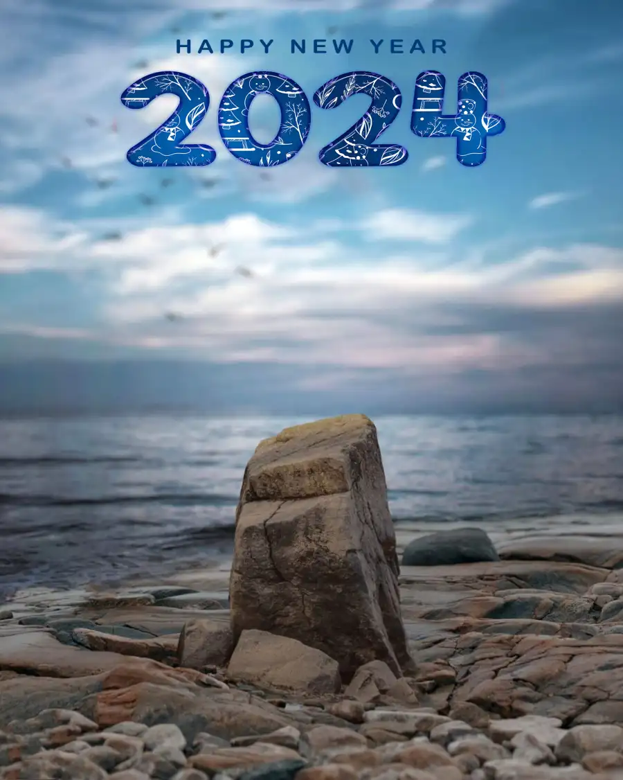 CB Editing Happy New Year 2024 Rock On A Beach Background