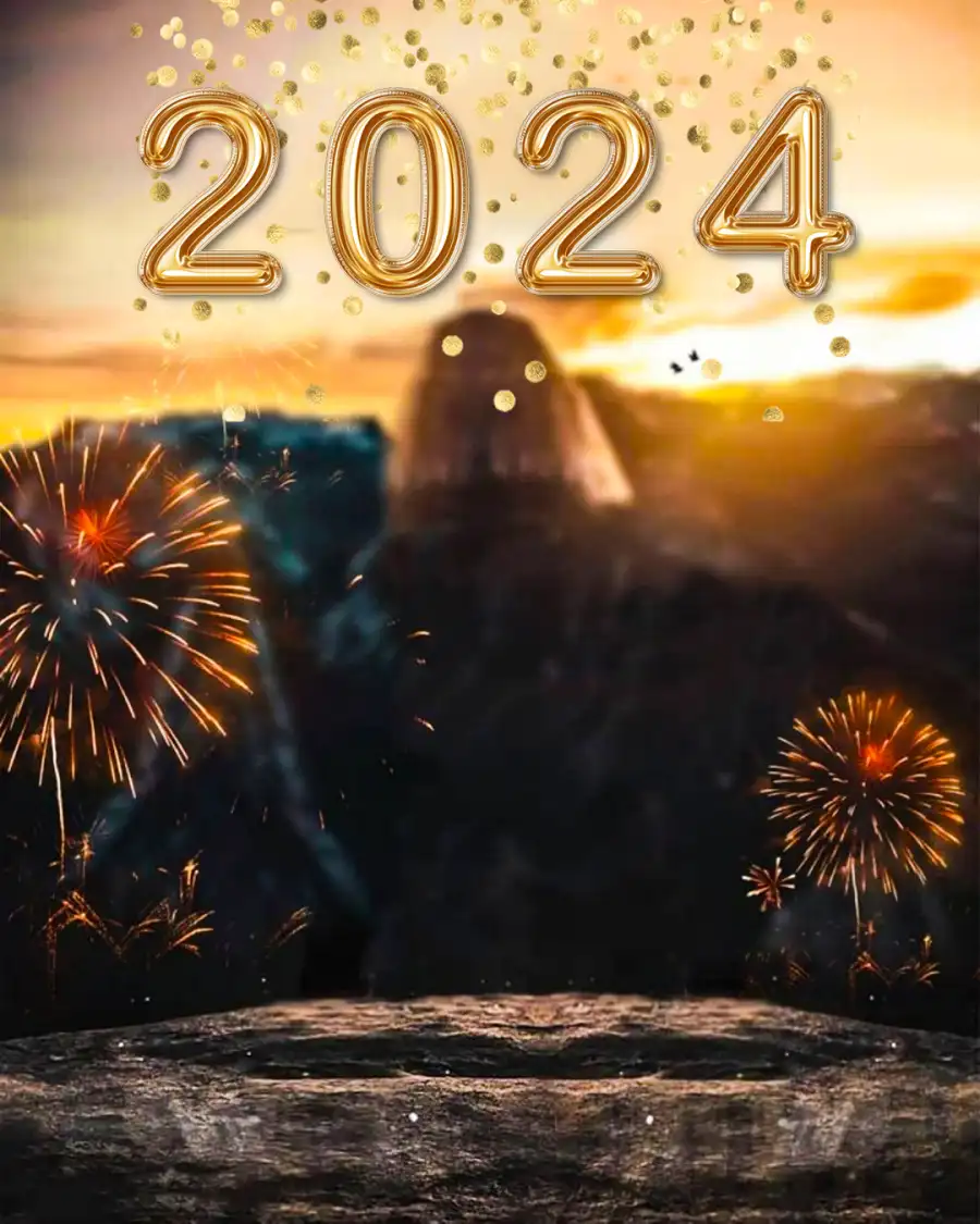 CB Editing Happy New Year 2024 Sunset Over A Rocky Beach Background