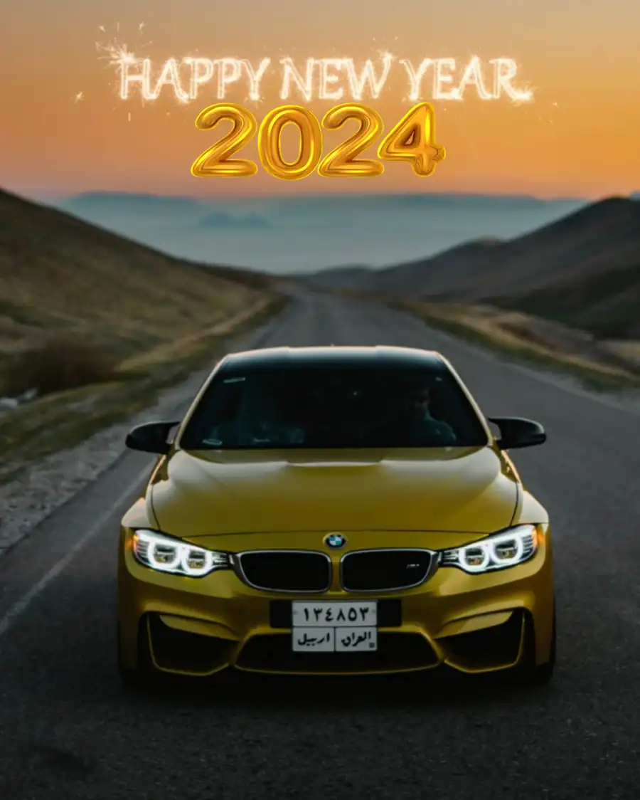 CB Editing  Happy New Year 2024 Yellow Car On A Road Background