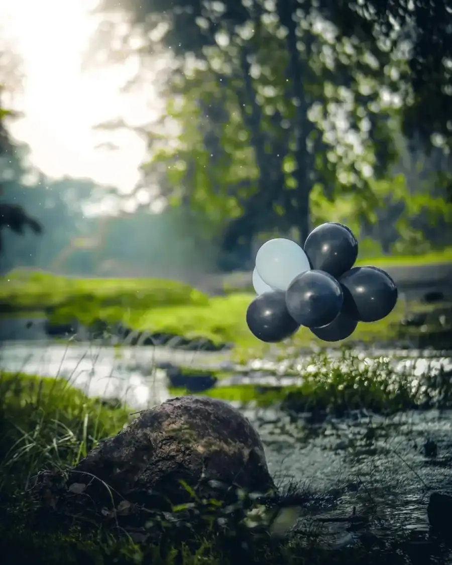 CB Group Of Blue Balloons On A Rock By A River Background