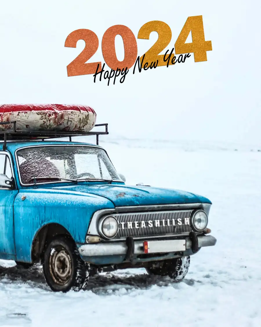 CB Happy New Year 2024 Blue Car With A Ski Lift On Top Of It Background