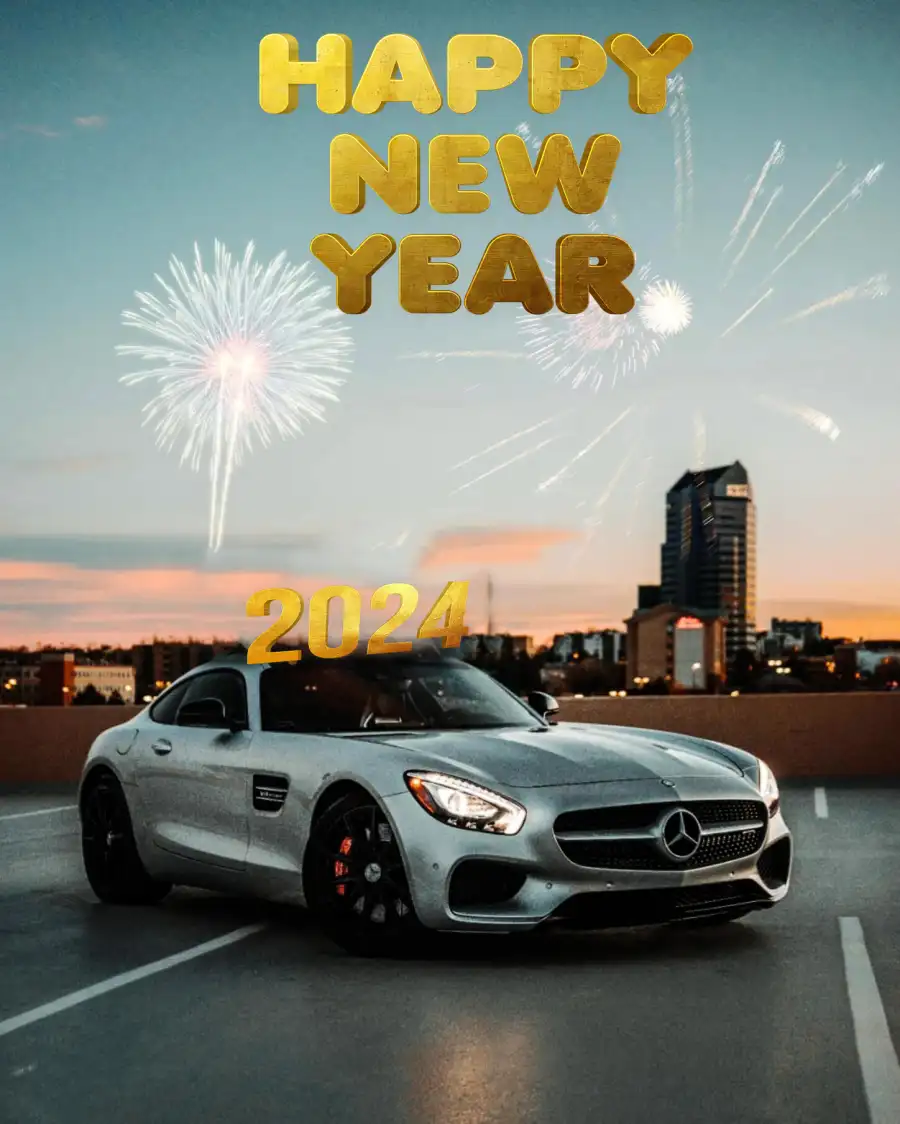 CB Happy New Year 2024 Car On A Road With Fireworks In The Sky Background