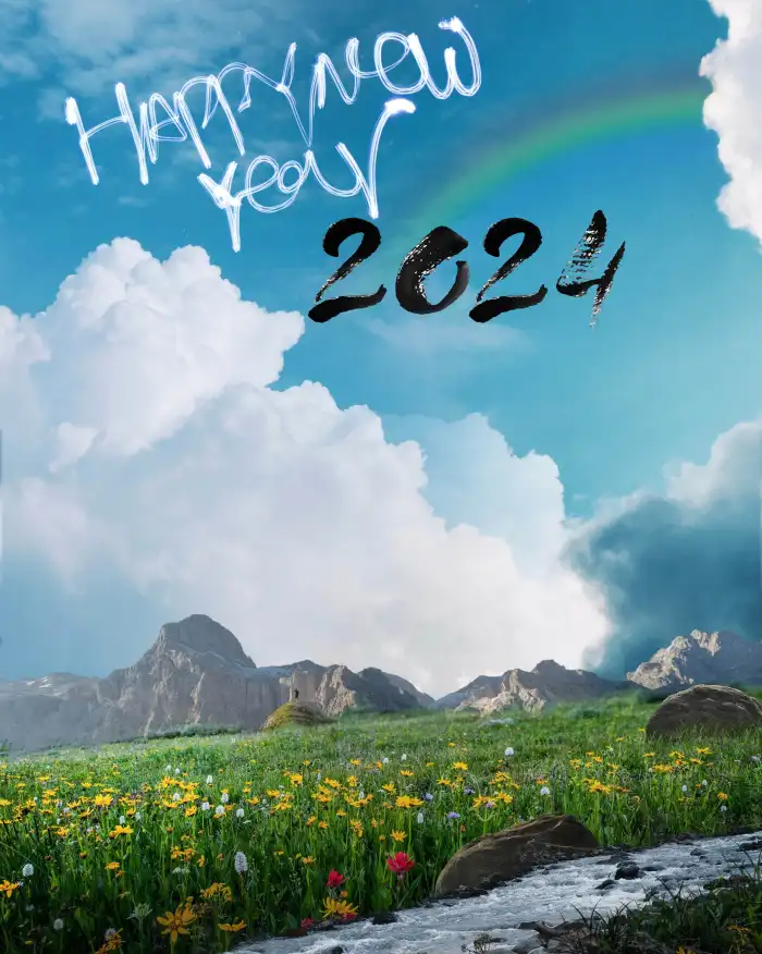 CB Happy New Year 2024 Field Of Flowers With Mountains In The Background