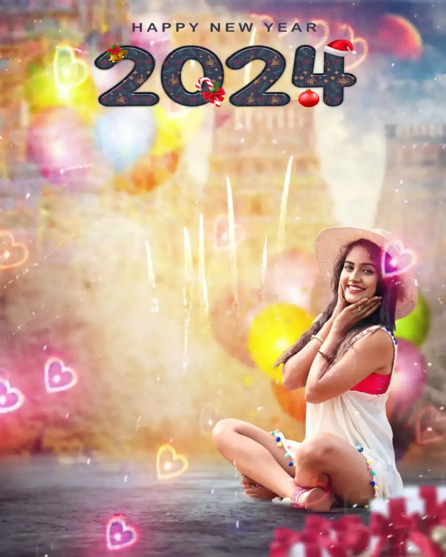 CB Happy New Year 2024 Girl Sitting On A Stage Background