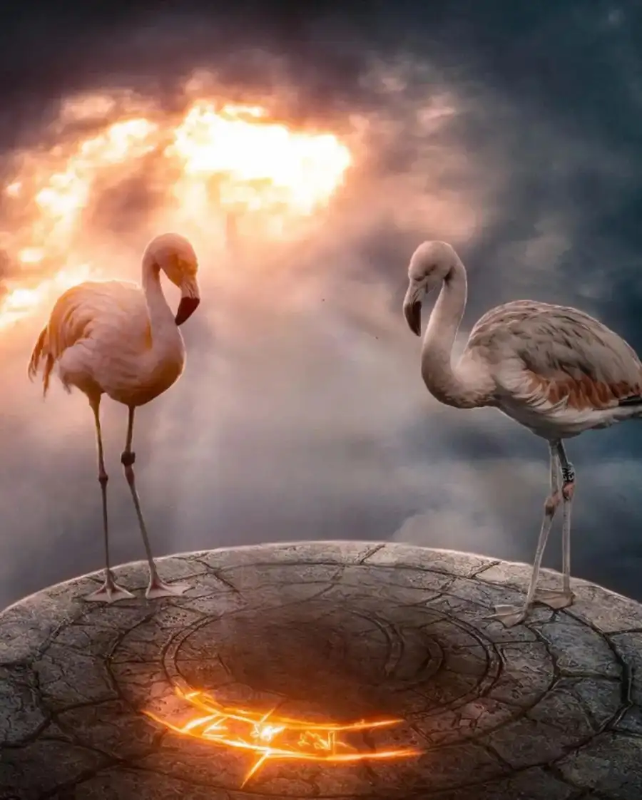 CBwo Flamingos On A Rock Background For Editing