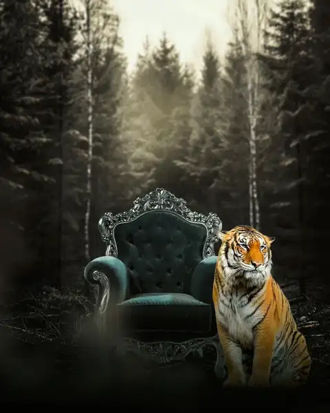 Chair In Forest With Tiger Photo Editing Background Full HD Download