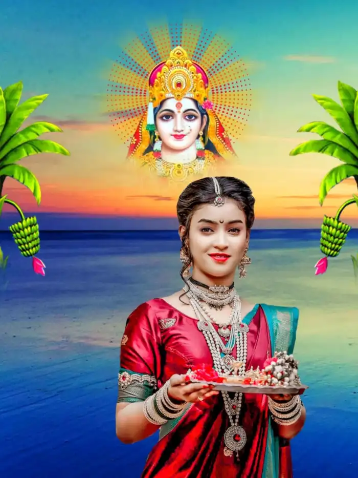 Chhath Puja Girl Holding Puja Thali Ocean Photo Editing Background