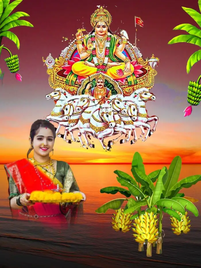 Chhath Puja Girl Holding Puja Thali Ocean Photo Editing Background