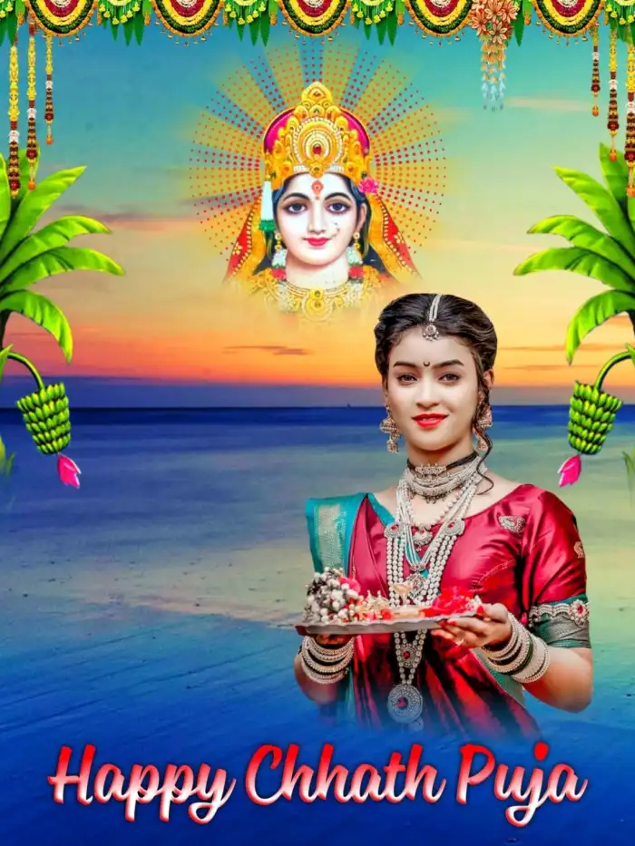 Chhath Puja Girl Holding Puja Thali Ocean Photo Editing Background