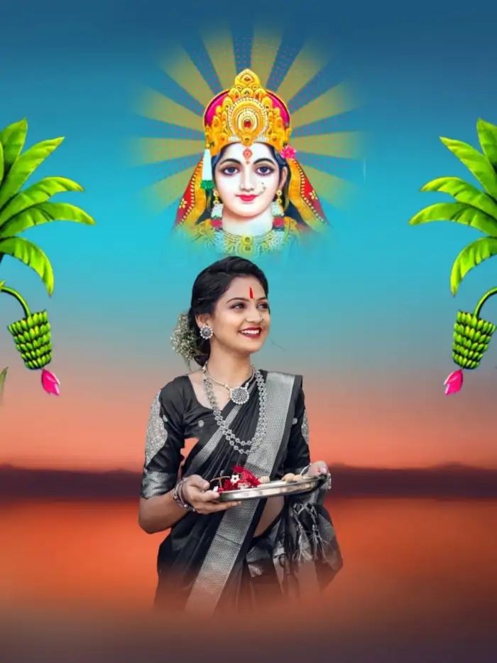 Chhath Puja Girl Holding Puja Thali Ocean Photo Editing Background