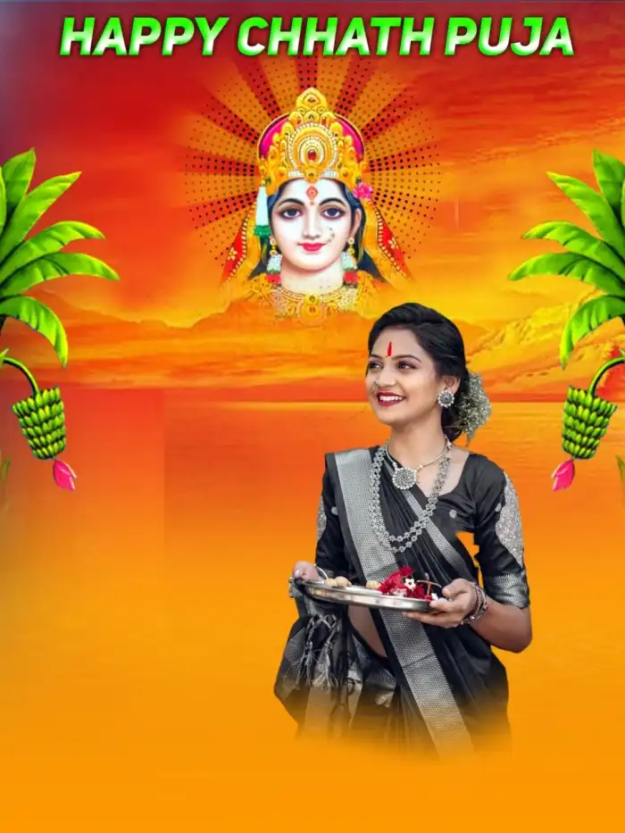 Chhath Puja Girl With Puja Thali Water Photo Editing Background