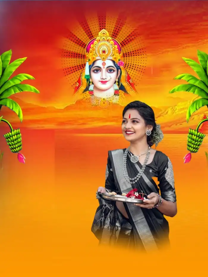 Chhath Puja Girl With Puja Thali Water Photo Editing Background