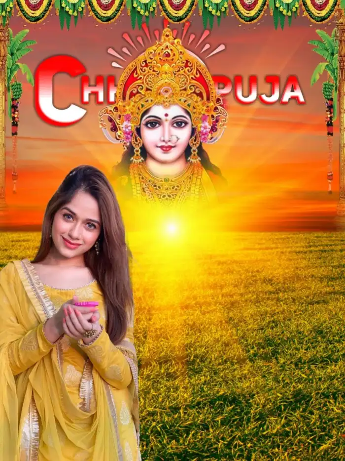 Chhath Puja Girl With Puja Thali Water Photo Editing Background