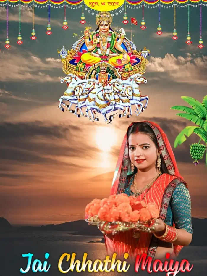 Chhath Puja Girl With Puja Thali Water Photo Editing Background