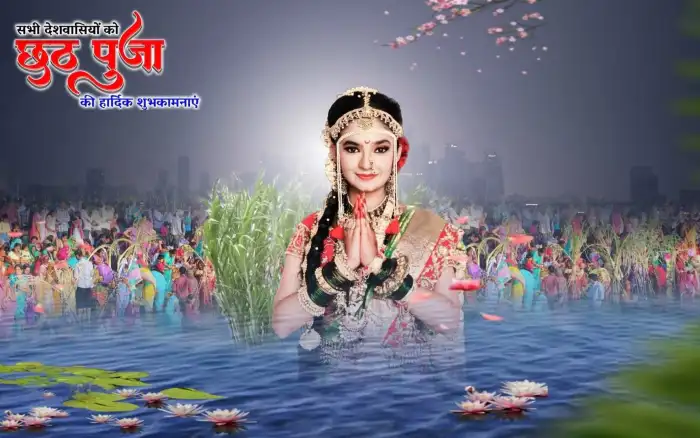 Chhath Puja With Girl In Water Editing Background