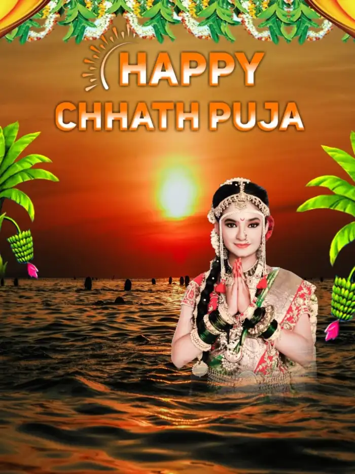 Chhath Puja With Girl In Water Sea Editing Background