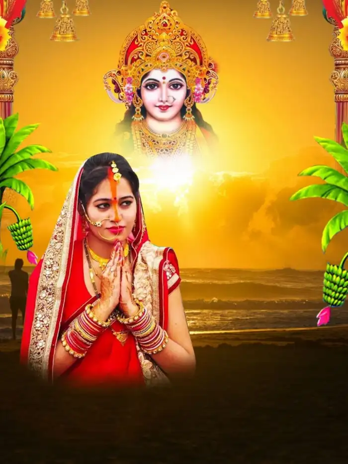 Chhath Puja With Girl In Water Sea Editing Background