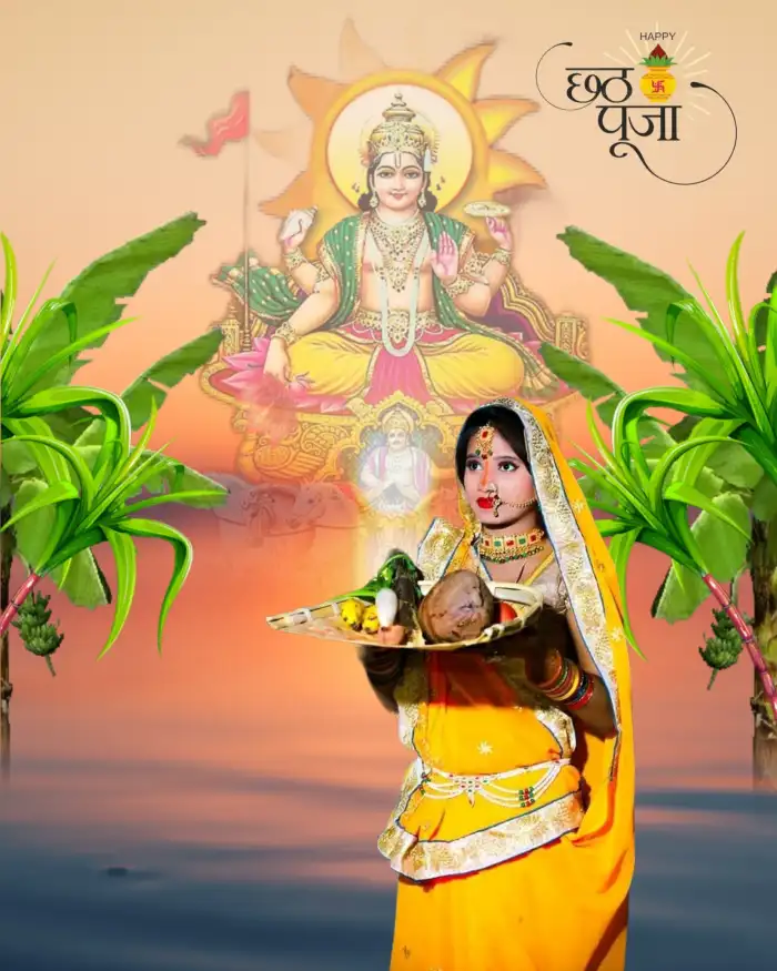 Chhath Puja With Indian Woman In Water  Editing Background