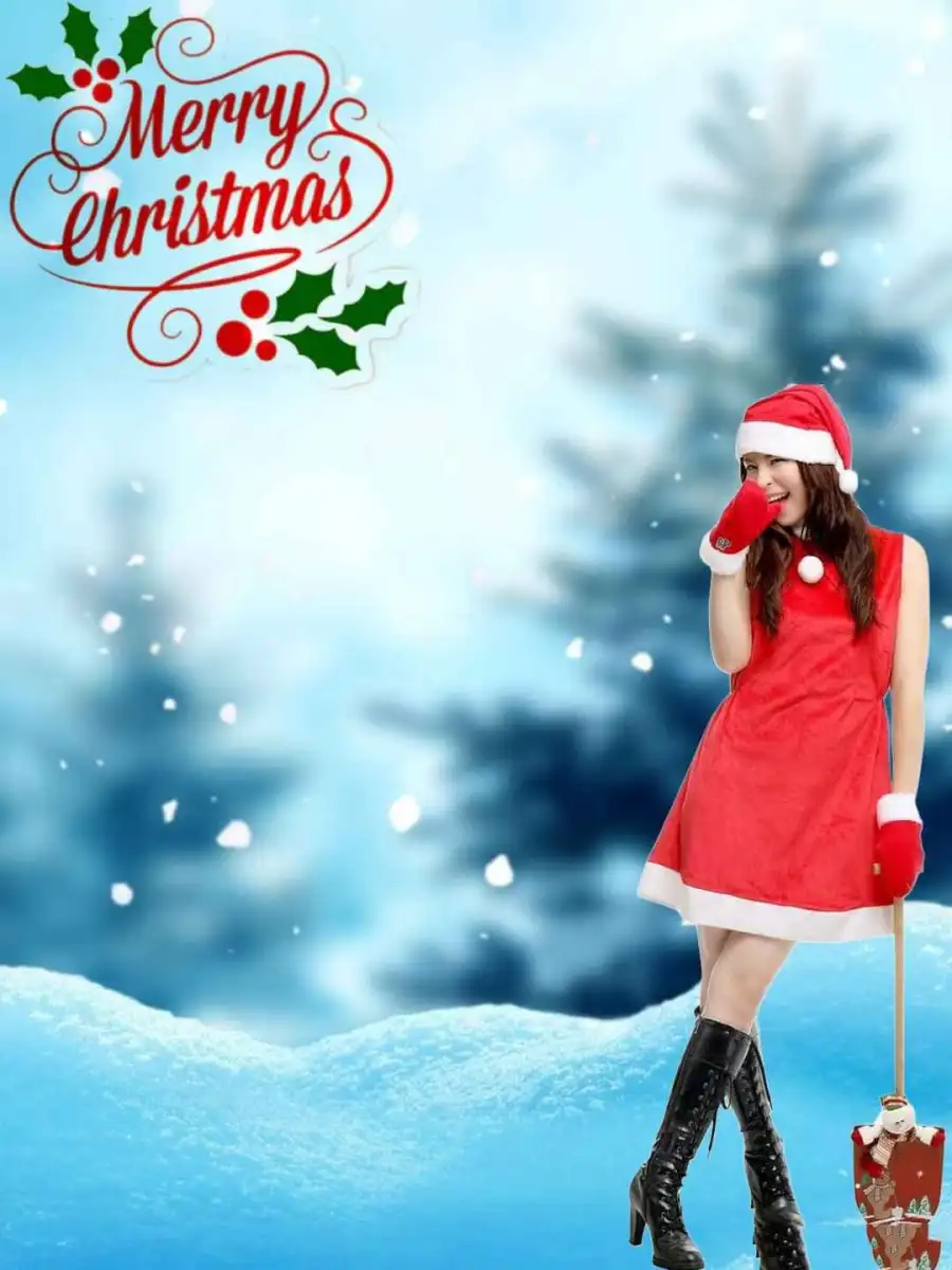 Christmas Girl In Santa Dress Snow Picsart Background