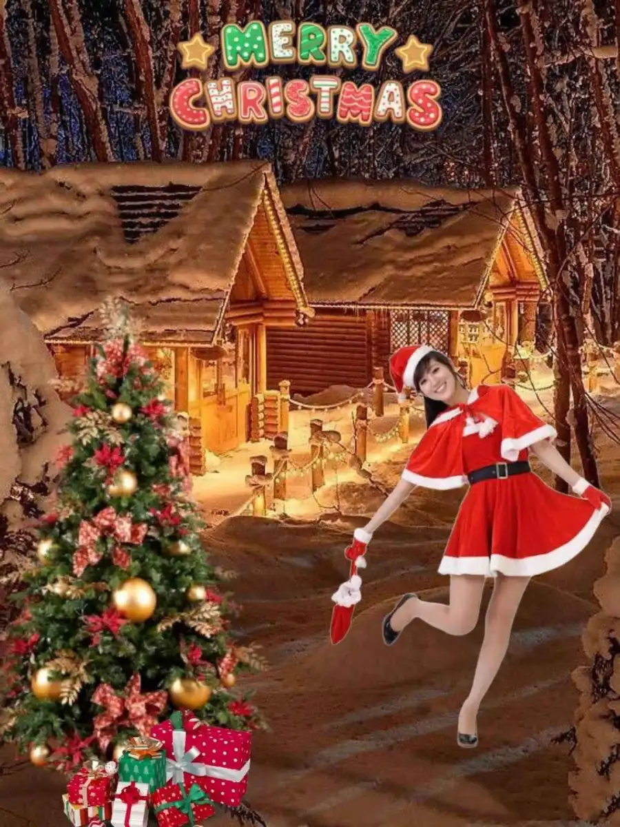 Christmas Girl With Tree House Editing Background